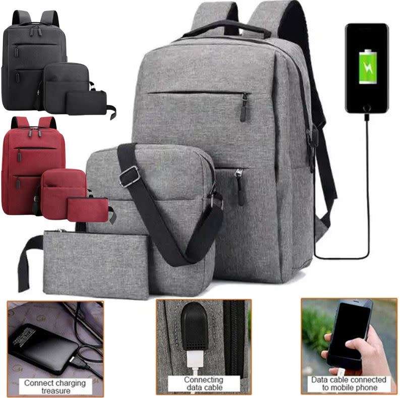 3 Piece Backpack Set, Large Backpack with USB Port and Cable