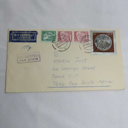 Postal History - Airmail cover from Schmolln, DDR to Paarl, South Africa with airmail tag