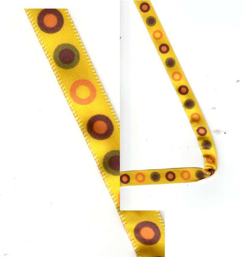 Ribbon - 1 meter Bright yellowish/gold satin ribbon with retro circles - 10mm wide