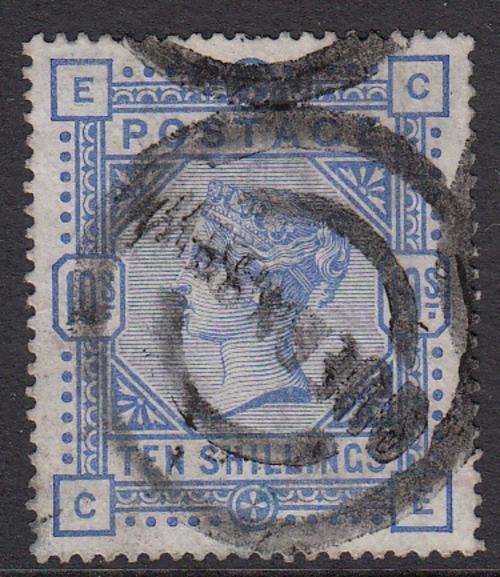 QUEEN VICTORIA - RARE 10 SHILLING ULTRAMARINE C/V R 5225. FINE USED - FAIR CANCELLATION.