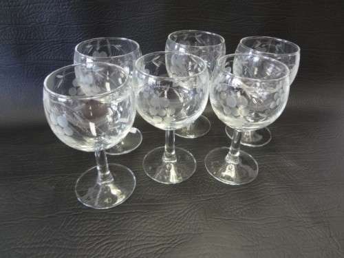 Set of 6 Vintage Etched Wine Glasses - as per photo
