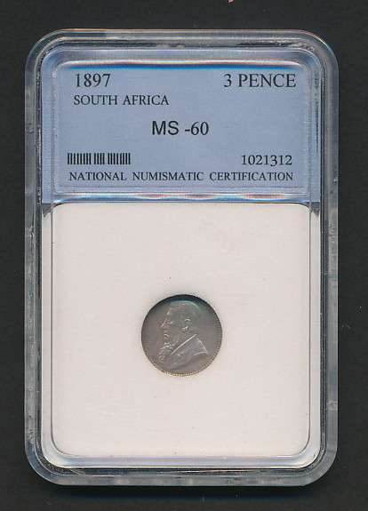 1897 South Africa 3 Pence/Tickey Graded MS-60 as per scan