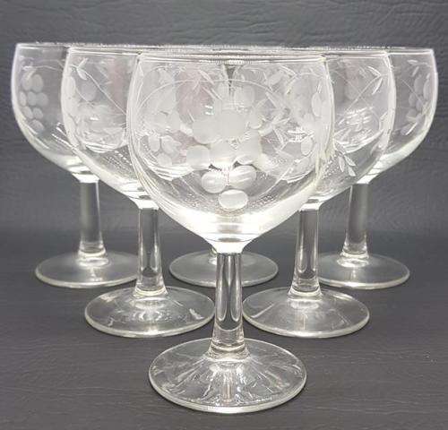 Set of 6 Vintage Etched Wine Glasses - as per photo
