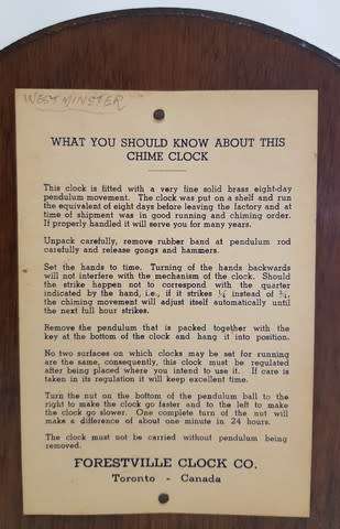 Forestville Clock made in Germany, not tested - sold as is as per photo
