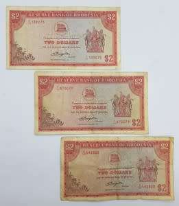 Lot of 3 Rhodesian 2 Dollar Banknotes as per photo