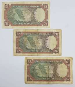 Lot of 3 Rhodesian 2 Dollar Banknotes as per photo