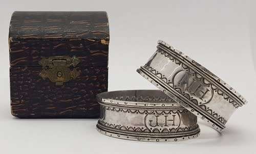 Pair of Antique Napkin Rings in original box 800 silver weight 35g as per photo