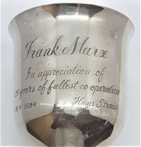 Pair of engraved silver plated goblets - as per photo