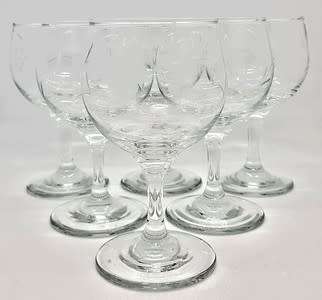 Lot of 6 Vintage Etched Wine Glasses 15cm- as per photo