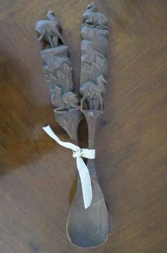 Pair of wooden serving spoons as per scan