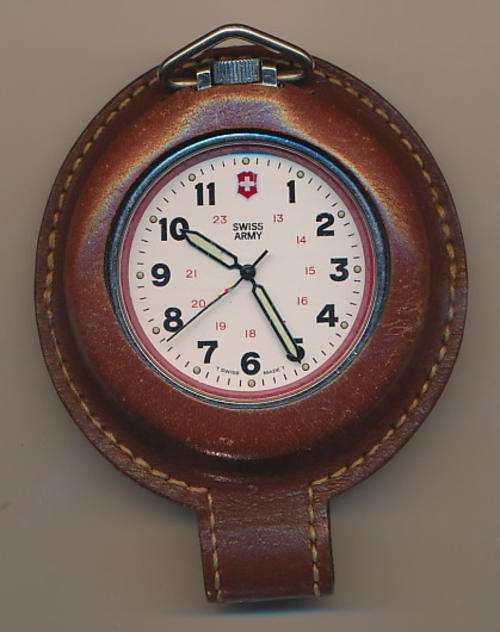 Swiss Army pocket watch in leather pouch, working as per scan