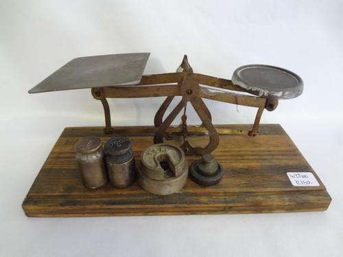 Vintage desk scale with weights - not original wooden piece - as per photo