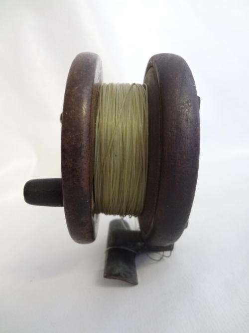 Vintage brass & wood fishing reel - as per photo