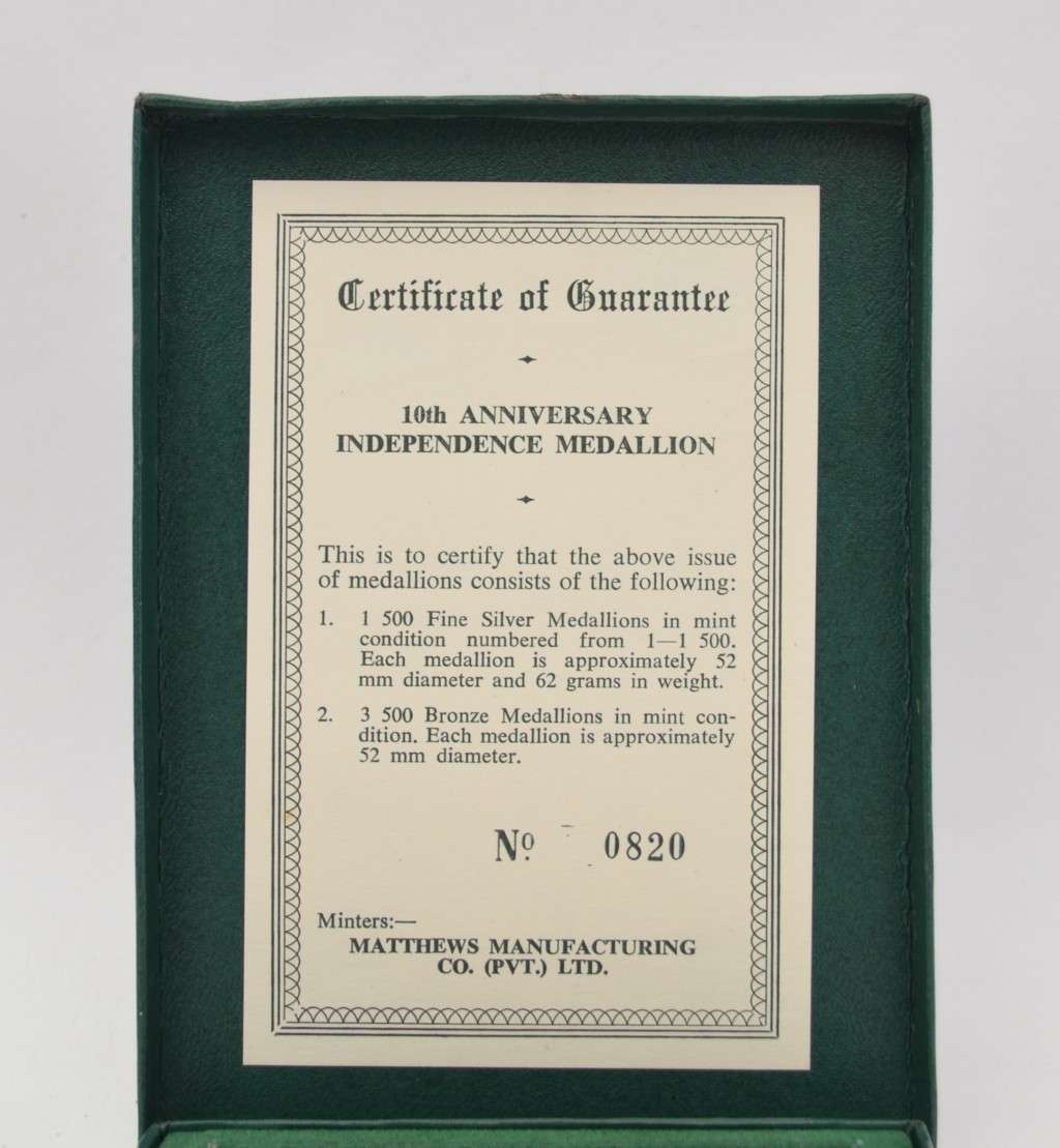 1975 Rhodesian Independence 10th anniversary  Pure Silver Medallion - limited edition as per photo