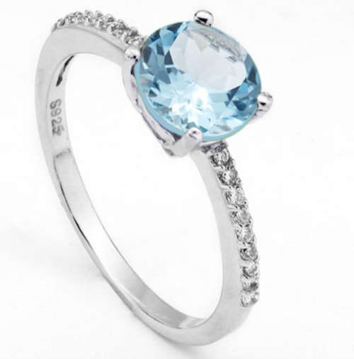 **STUNNING ,1 CARAT ROUND CUT GENUINE BLUE TOPAZ AND SIMULATED DIAMOND SOLID SILVER RING**