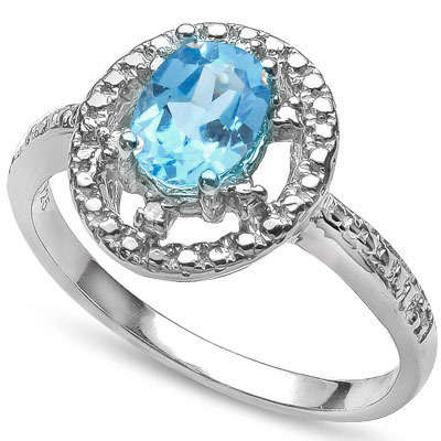 **STUNNING 0,75 CARAT ROUND CUT GENUINE BLUE TOPAZ & GENUINE DIAMOND SOLID SILVER RING**