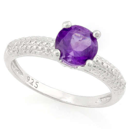 **STUNNING 1,00 CARAT ROUND CUT GENUINE AMETHYST AND DIAMOND SOLID SILVER RING**