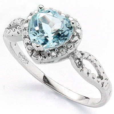 **STUNNING 1,34 CARAT HEART CUT GENUINE BLUE TOPAZ & GENUINE DIAMOND SOLID SILVER RING**