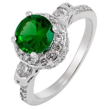 **STUNNING WHITE GOLD ROUND CUT GREEN EMERALD RING**