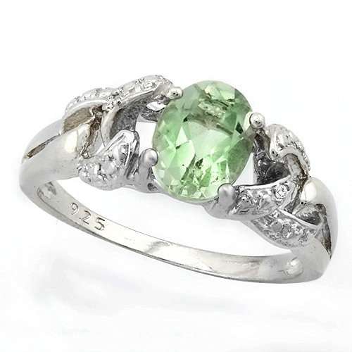 **BEAUTIFUL 1,00 CARAT OVAL CUT GENUINE GREEN AMETHYST AND DIAMOND SOLID SILVER RING****