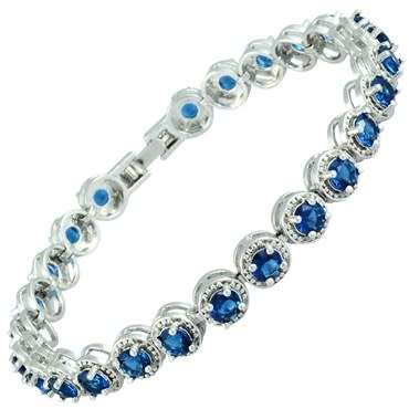**STUNNING WHITE GOLD ROUND CUT BLUE SAPPHIRE TENNIS BRACELET**