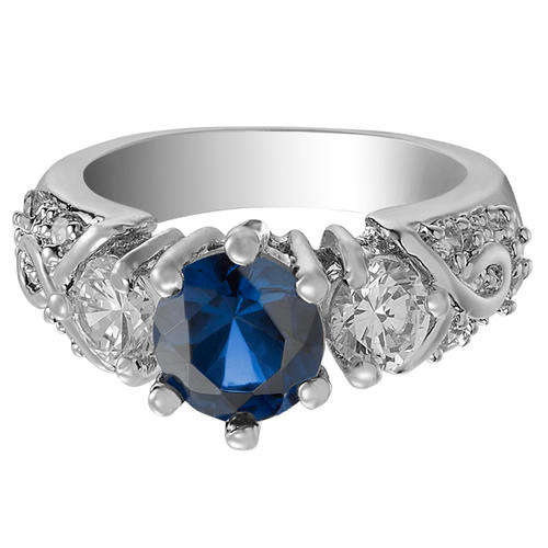 **STUNNING WHITE GOLD ROUND CUT BLUE SAPPHIRE & SIMULATED DIAMOND RING**