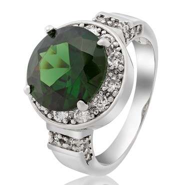 **DESIGNER WHITE GOLD ROUND CUT GREEN EMERALD  COCKTAIL RING**