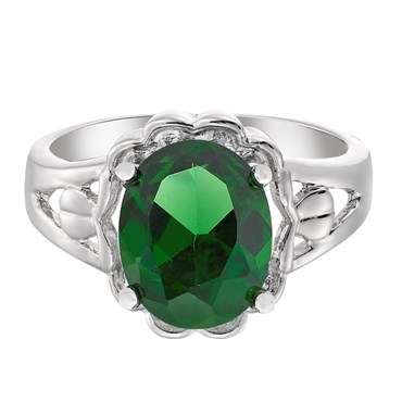 **DESIGNER WHITE GOLD OVAL CUT GREEN EMERALD COCKTAIL RING**