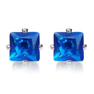 **CLASSIC WHITE GOLD PRINCESS CUT BLUE SAPPHIRE STUD EARRINGS **