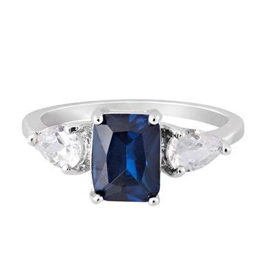 **DESIGNER WHITE GOLD EMERALD CUT BLUE SAPPHIRE RING**