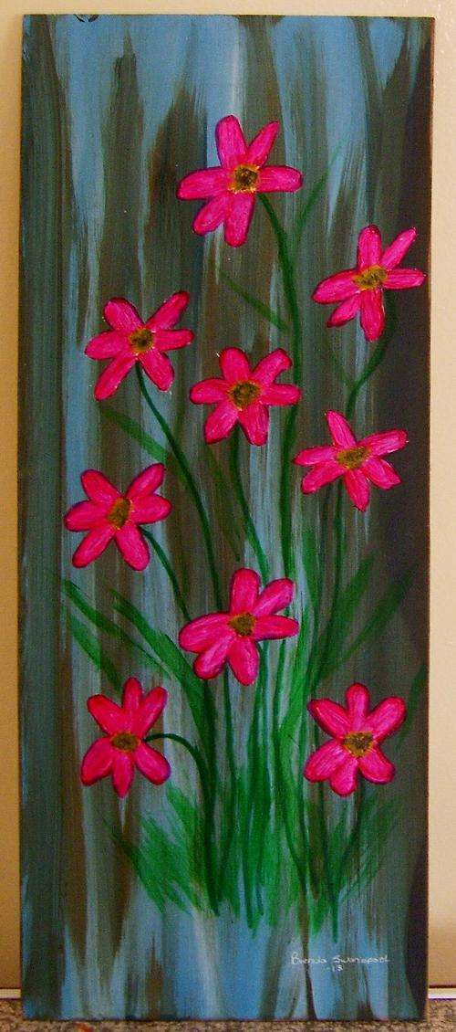 Pink flowers in Acrylic on Board  610x250mm