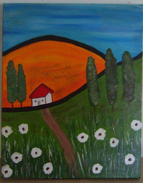 Acrylic painting on box canvas, size 500x400x20mm. Hang as is.