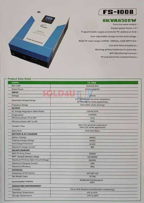 Hybrid Inverter 48V 8KVA 6500W 100A MPPT Inverter plus Wifi Fivestar