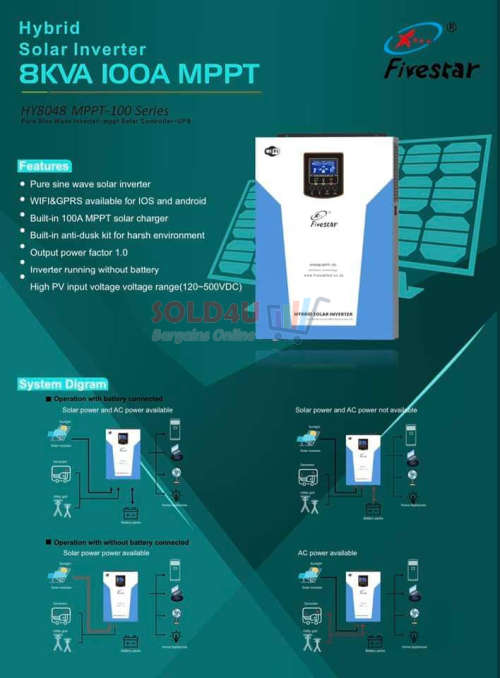 Hybrid Inverter 48V 8KVA 6500W 100A MPPT Inverter plus Wifi Fivestar
