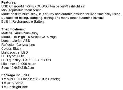 Mini USB LED Rechargeable Flashlight compact in box with 3 modes [ BOX + USB CABLE included]