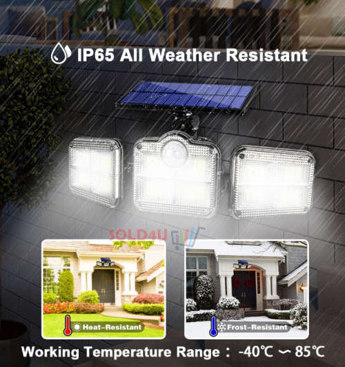 122 LED Solar Motion Sensor Outdoor Rotatable 3 Head Light with Remote 30W