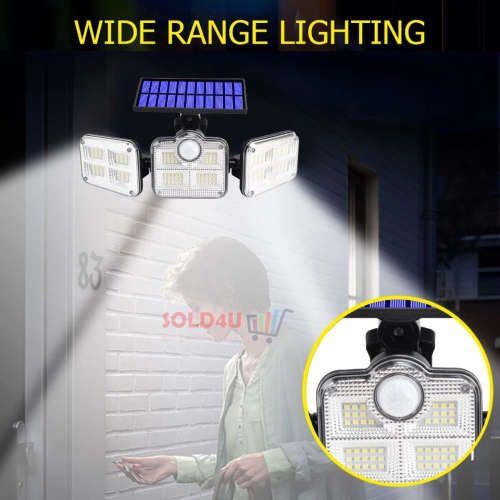 122 LED Solar Motion Sensor Outdoor Rotatable 3 Head Light with Remote 30W