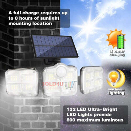 122 LED Solar Motion Sensor Outdoor Rotatable 3 Head Light with Remote 30W