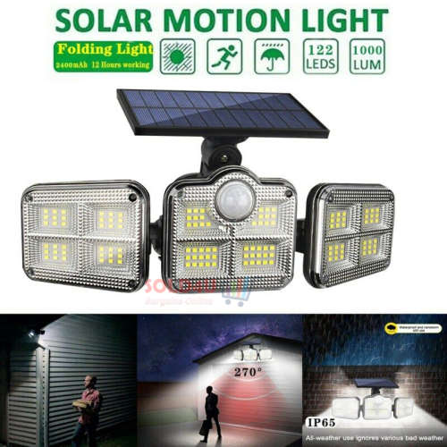 122 LED Solar Motion Sensor Outdoor Rotatable 3 Head Light with Remote 30W