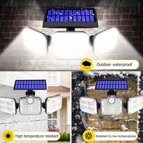 122 LED Solar Motion Sensor Outdoor Rotatable 3 Head Light with Remote 30W