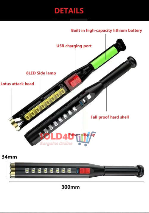 Ultra-Bright Baseball Bat Shape Flashlight - Rechargeable Torch Light LED Light with Lithium Battery