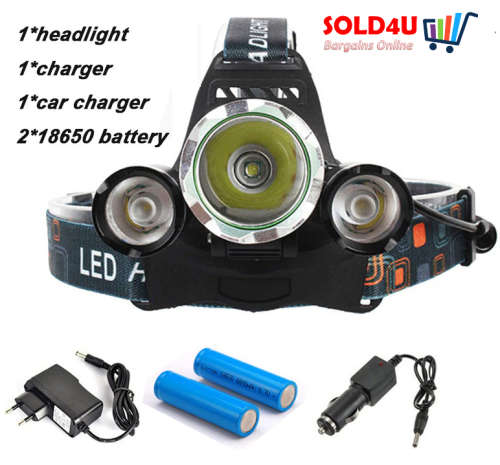 Headlamp Rechargeable 1 x XML T6 + 2 x R5 LED Headlight 100m Beam Range + 2 x 18650 Li-ion Batteries