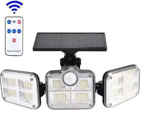 122 LED Solar Motion Sensor Outdoor Rotatable 3 Head Light with Remote 30W