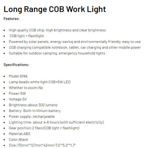 Long Range COB Work Light Lantern with additional Torch Rechargeable