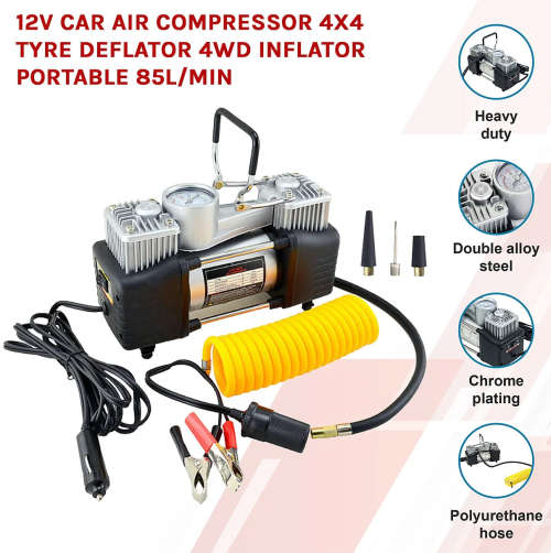12V Air Compressor Double Cylinder Heavy Duty Car Tire Inflator Tool Kit in Case