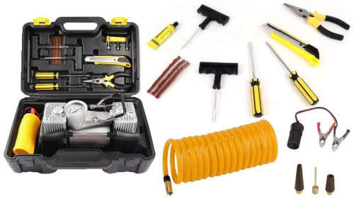 12V Air Compressor Double Cylinder Heavy Duty Car Tire Inflator Tool Kit in Case