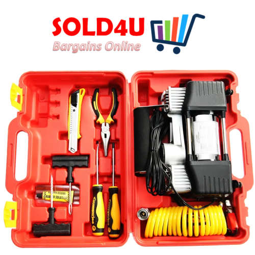 12V Air Compressor Double Cylinder Heavy Duty Car Tire Inflator Tool Kit in Case