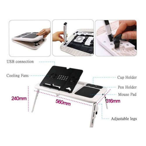 Foldable E-Table Portable Laptop Table Stand with 2-USB Cooling Fans for Bed or Couch