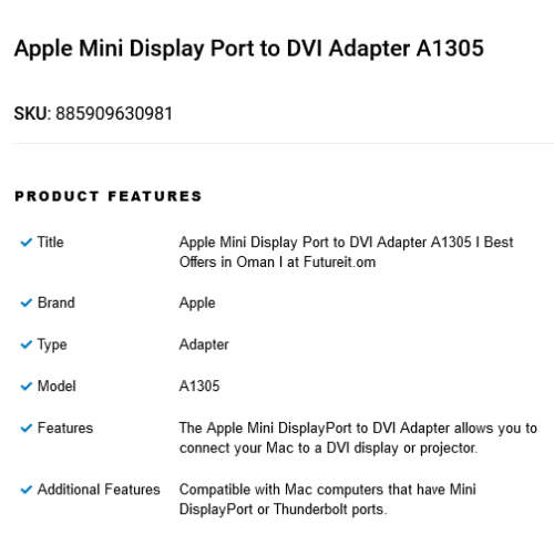 Apple Mini DisplayPort to DVI Adapter Model A1305 White