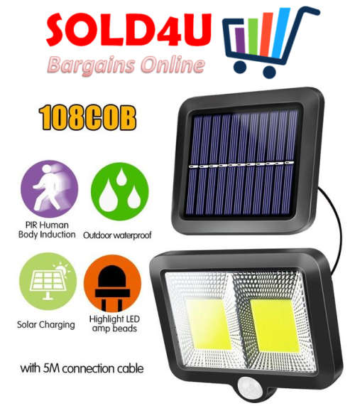 108 COB LED Bright White Solar LED Light With Split Solar Panel & Motion Sensor with Cable
